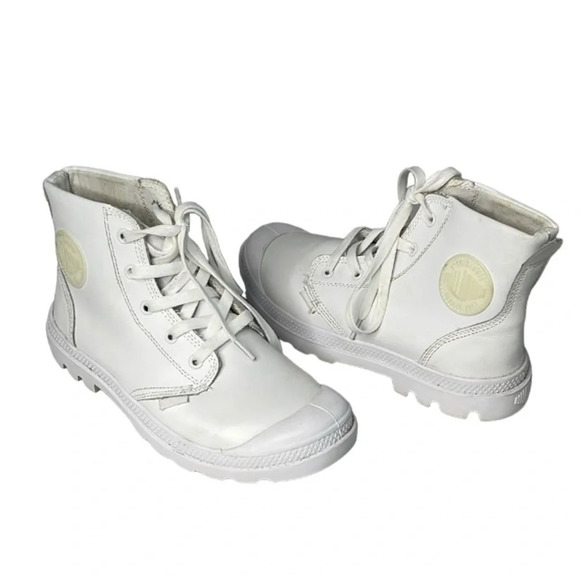 L’ORIGINALE PALLADIUM White Pampa Hi Top Lace Up Boots Sneakers Leather 7.5 - Picture 16 of 16